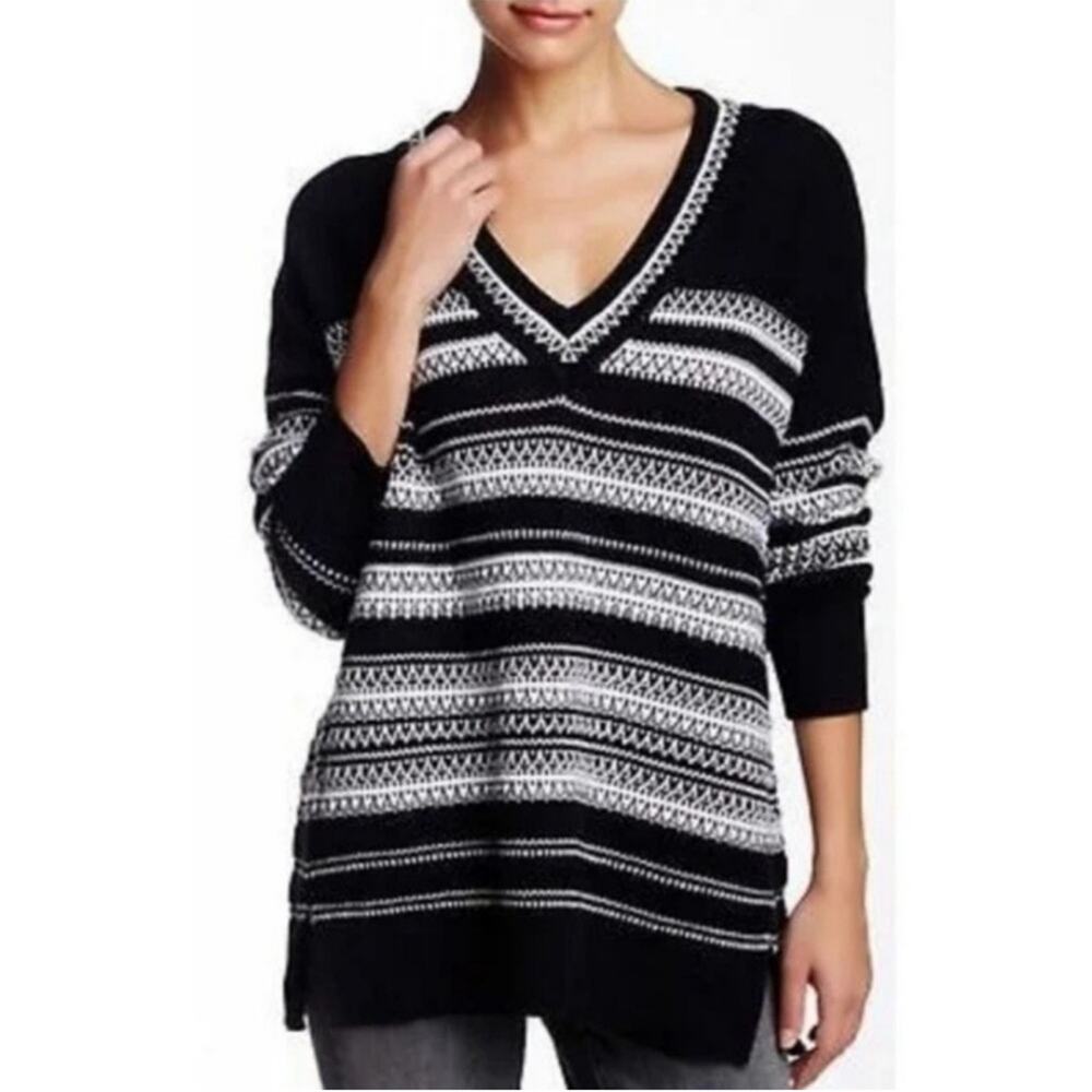 Vince Black and White Striped Oversized V-Neck Cotton Sweater